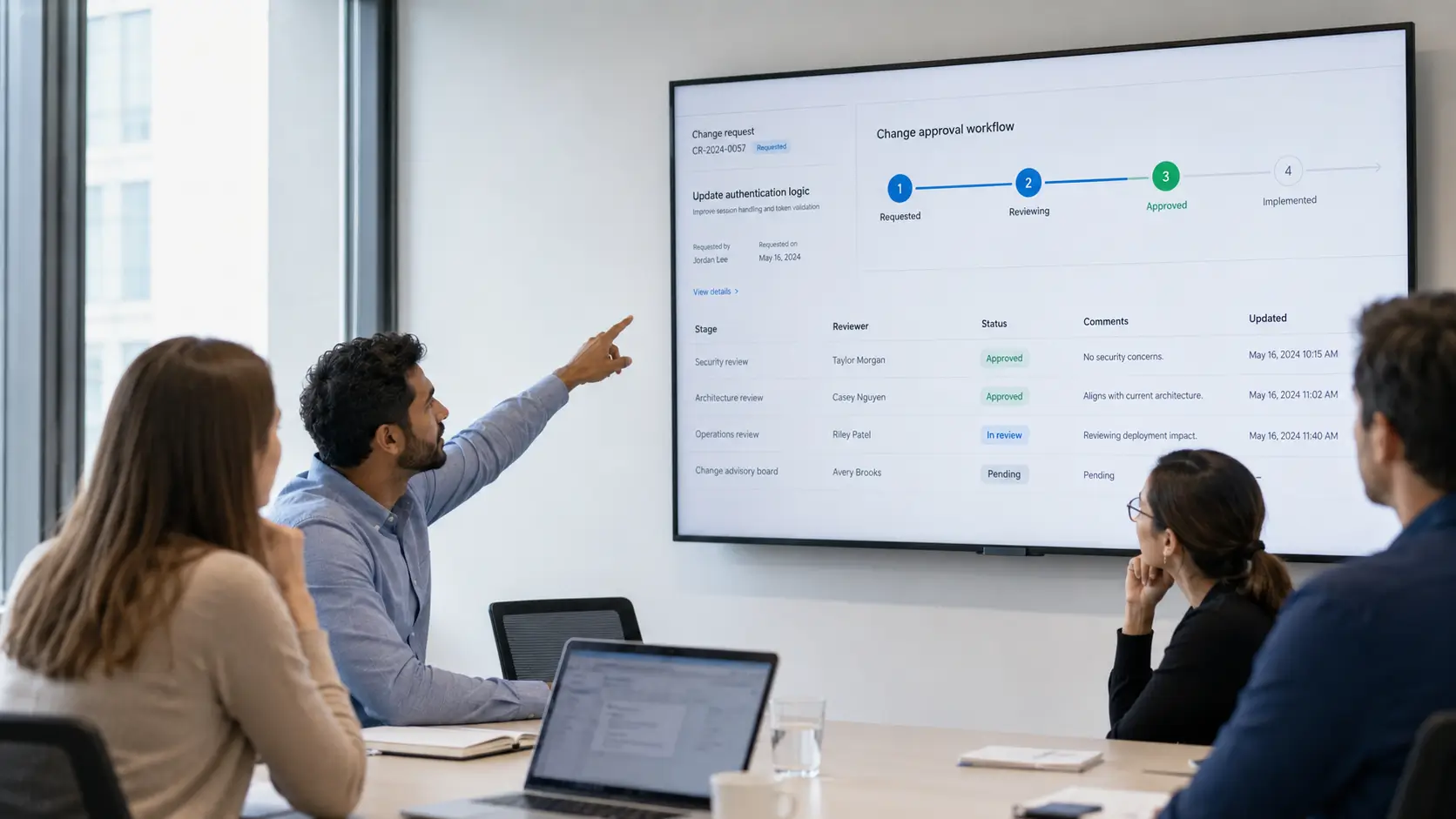 Team reviewing change approval workflow