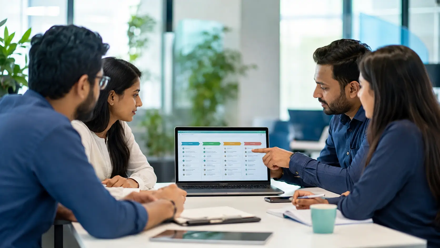 Team reviewing ITIL framework on laptop screen