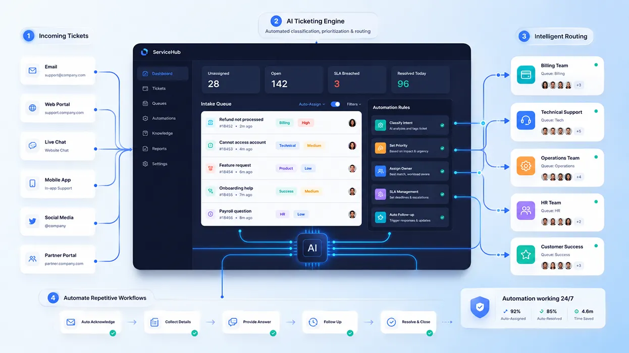 Automated ticket routing workflow.