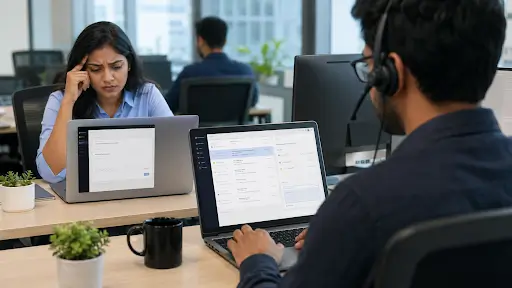 Agents reviewing a support ticket on laptops