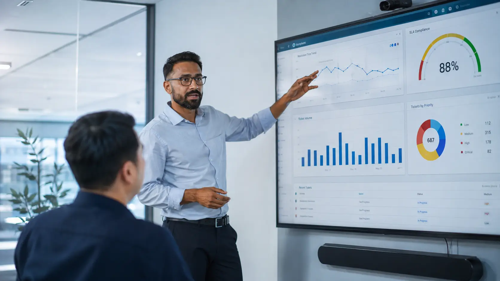Manager reviewing ITSM metrics dashboard