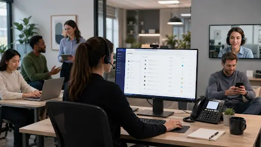 Support agent using service desk dashboard in office