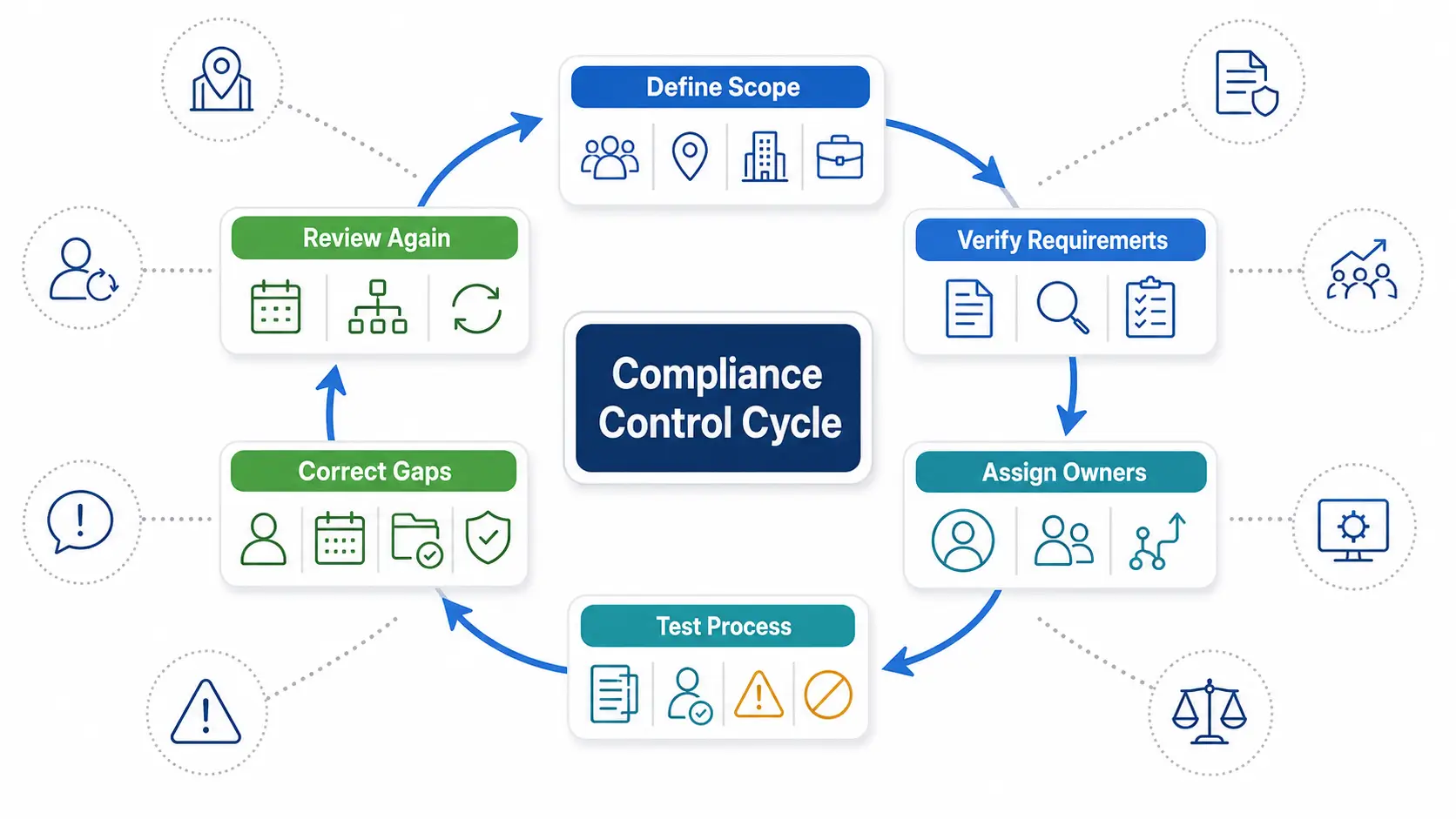 Continuous HR compliance cycle from scope to recurring review.