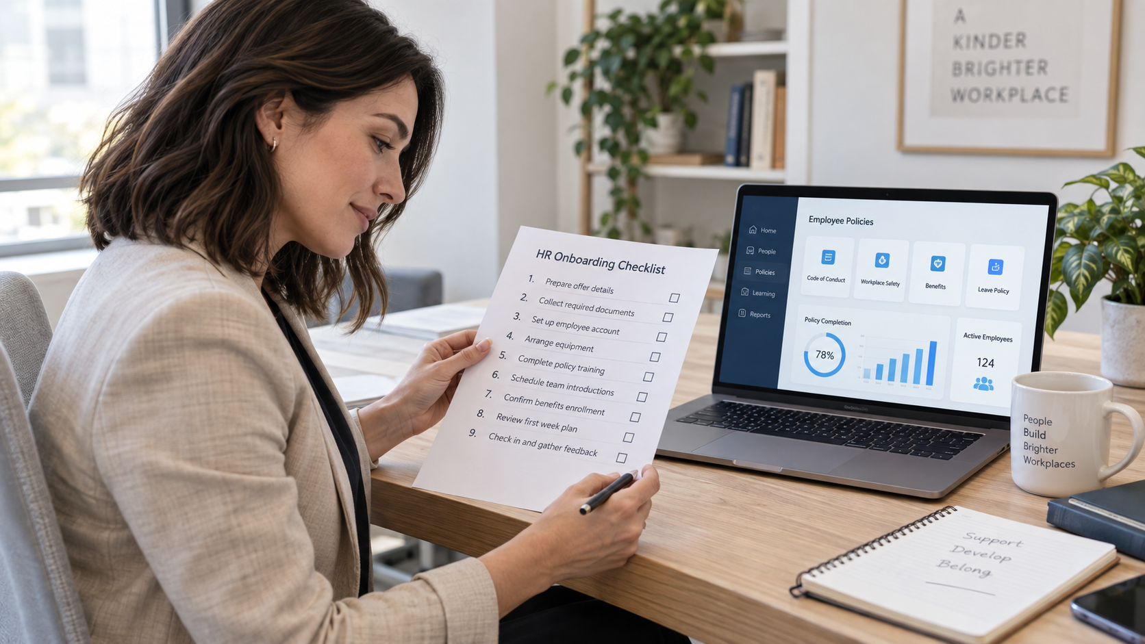 HR manager reviewing a nine-step HR policy development checklist