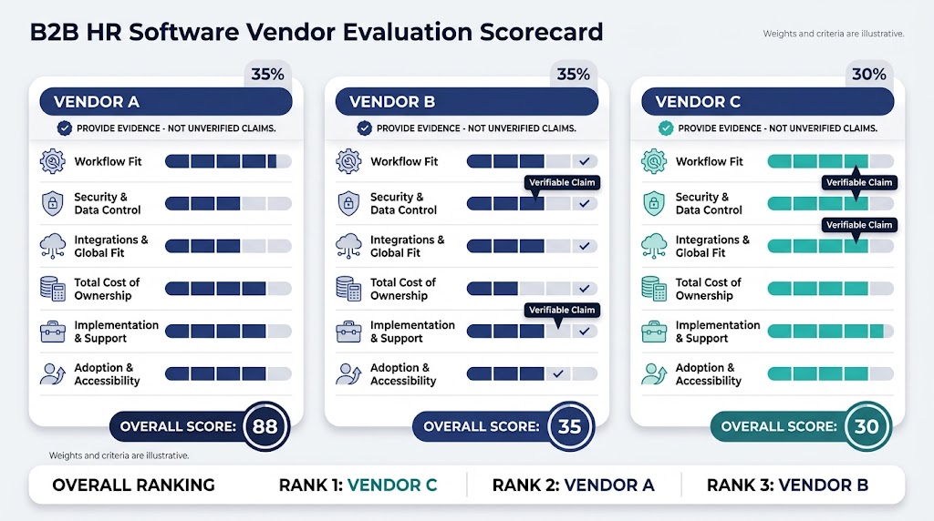 HR software vendor scorecard comparing workflow fit, security, cost, integrations and support